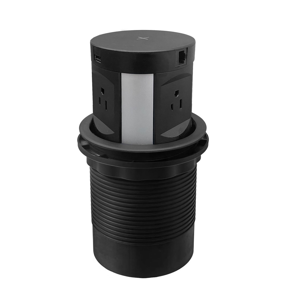 MULTICONTACTO DE TORRE TA 120, 4 SOCKETS, 2 PUERTOS USB A, 2 PUERTOS DE CONEXIÓN CAT 6 Y CARGADOR POR INDUCCIÓN, COLOR NEGRO