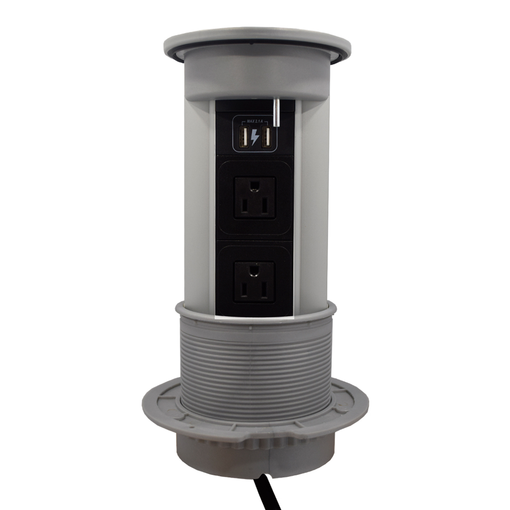 MULTICONTACTO DE TORRE PUSH ELITE, CON 2 ENCHUFES, 1 USB DÚPLEX DE CARGA, ACABADO INOX MATE