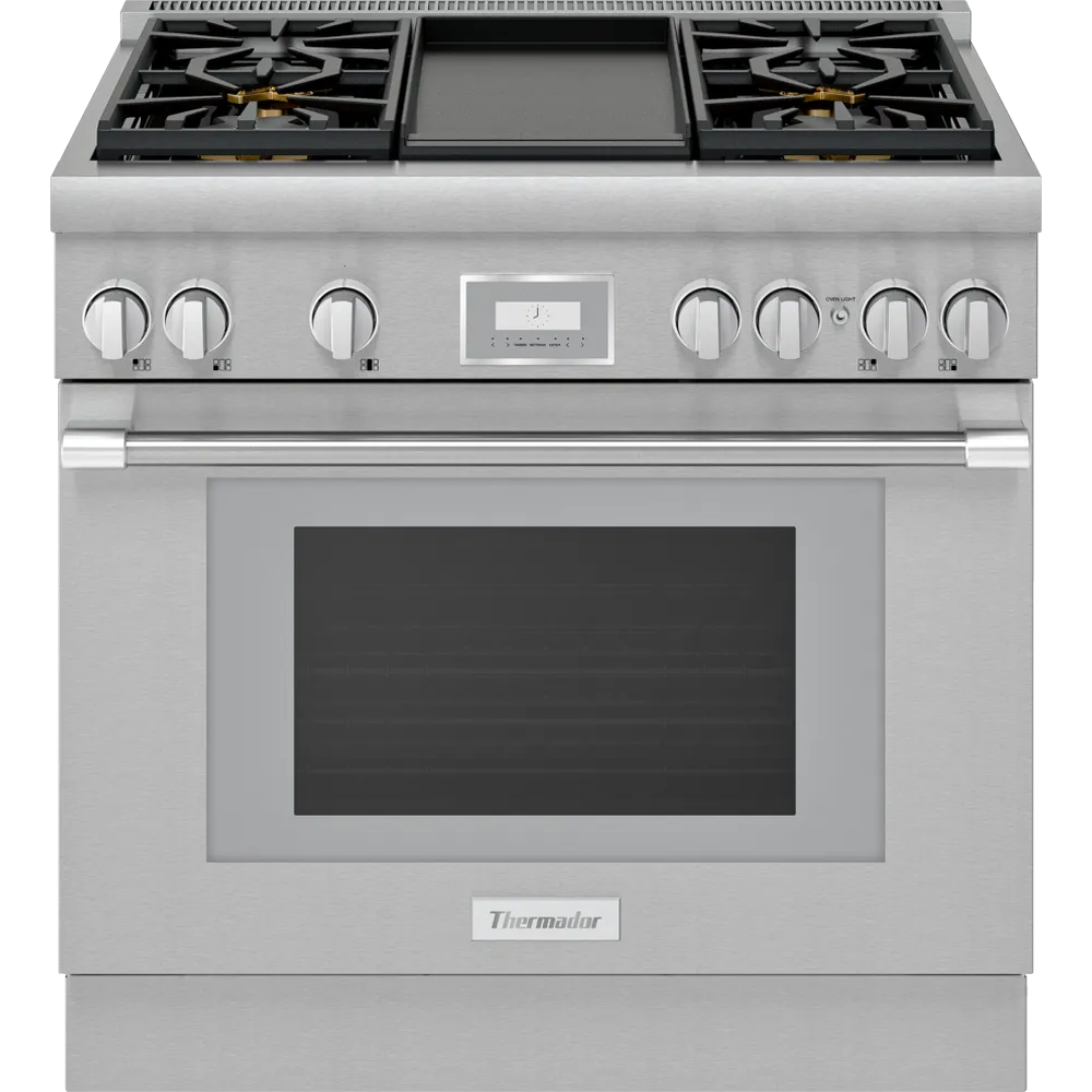 ESTUFA THERMADOR PRO HARMONY 36 PULGADAS DOBLE COMBUSTIBLE 4 QUEMADORES Y PLANCHA