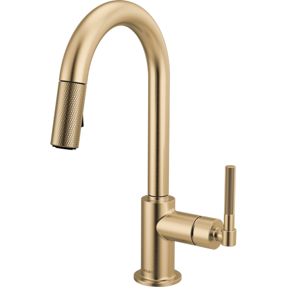 GRIFO MONOMANDO DE COCINA CON CAÑO CURVO Y MANETA ESTRIADA DORADO