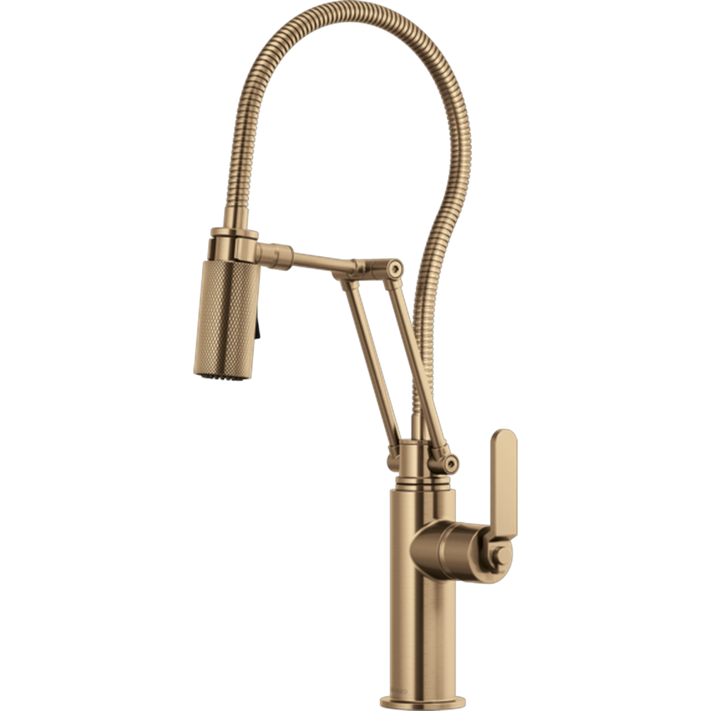 GRIFO DE COCINA MONOMANDO BRIZO LITZE DORADO DE BRAZO ARTICULADO CON ROCIADOR EXTRAÍBLE