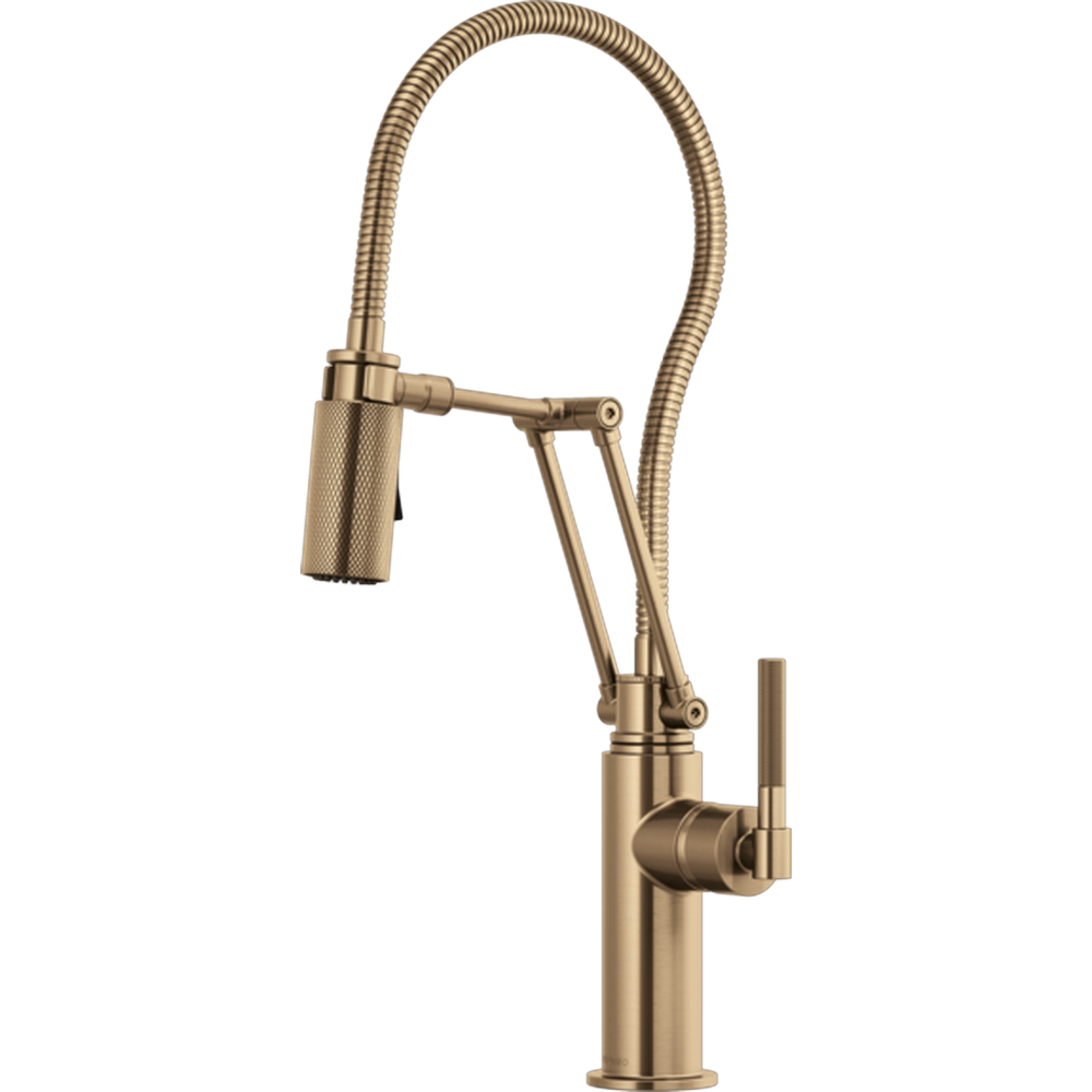 GRIFO DE COCINA MONOMANDO BRIZO LITZE DORADO DE BRAZO ARTICULADO CON ROCIADOR EXTRAÍBLE