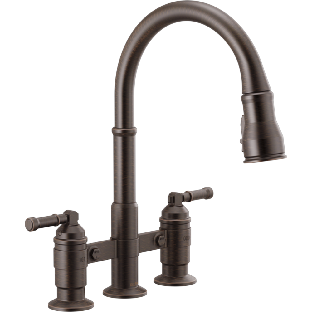 [2390L-RB-DST] GRIFO COCINA DELTA BRODERICK PUENTE CAFE 2 MANIJAS CON ROCIADOR EXTRAIBLE