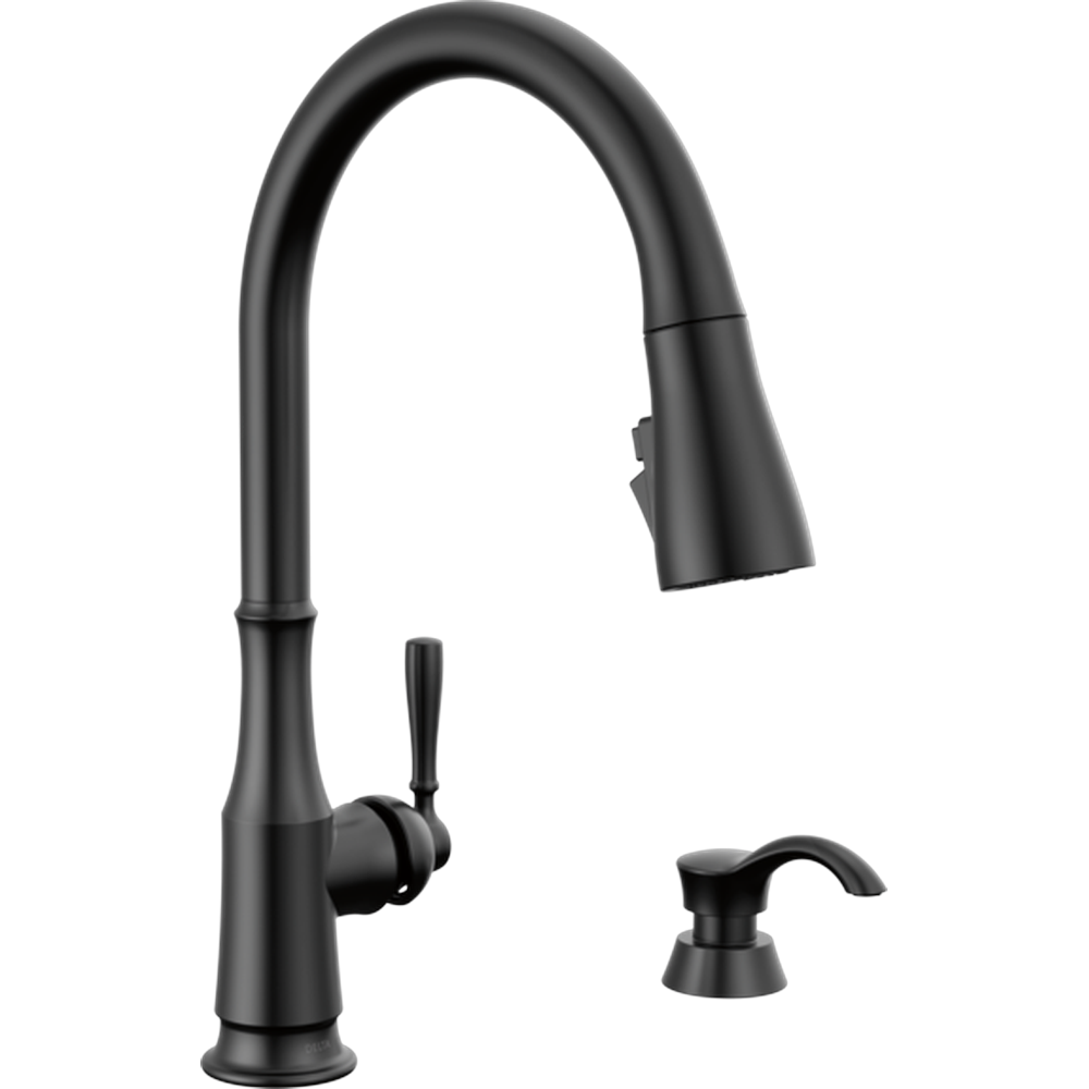 GRIFO DE COCINA MONOMANDO DELTA CAPERTEE NEGRO MATE CON ROCIADOR EXTRAÍBLE Y DISPENSADOR DE JABÓN