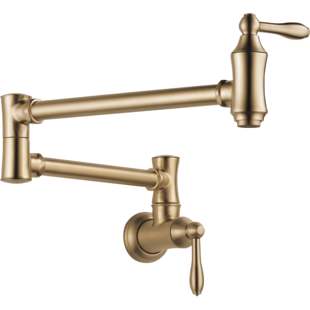 GRIFO DE COCINA DORADO DE PARED CON BRAZO ARTICULADO Y DOBLE MANIJA DELTA