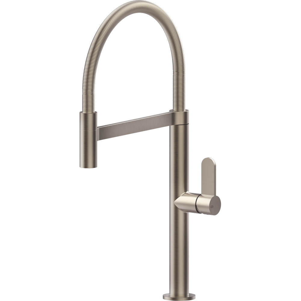 GRIFO DE COCINA MONOMANDO GESSI HELIUM NÍQUEL CEPILLADO CON BRAZO ARTICULADO Y ROCIADOR