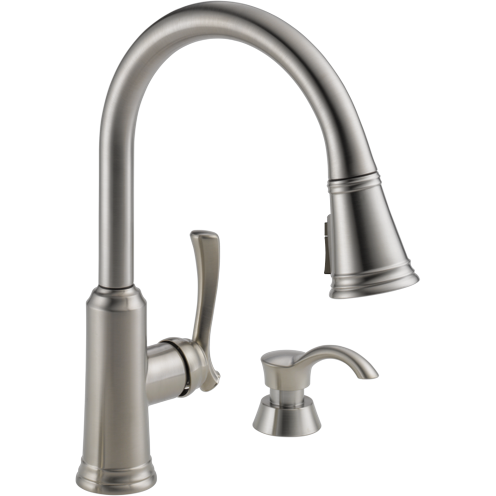 GRIFO COCINA DELTA LAKEVIEW ROCIADOR EXTRAÍBLE DISPENSADOR JABÓN ACABADO CEPILLADO