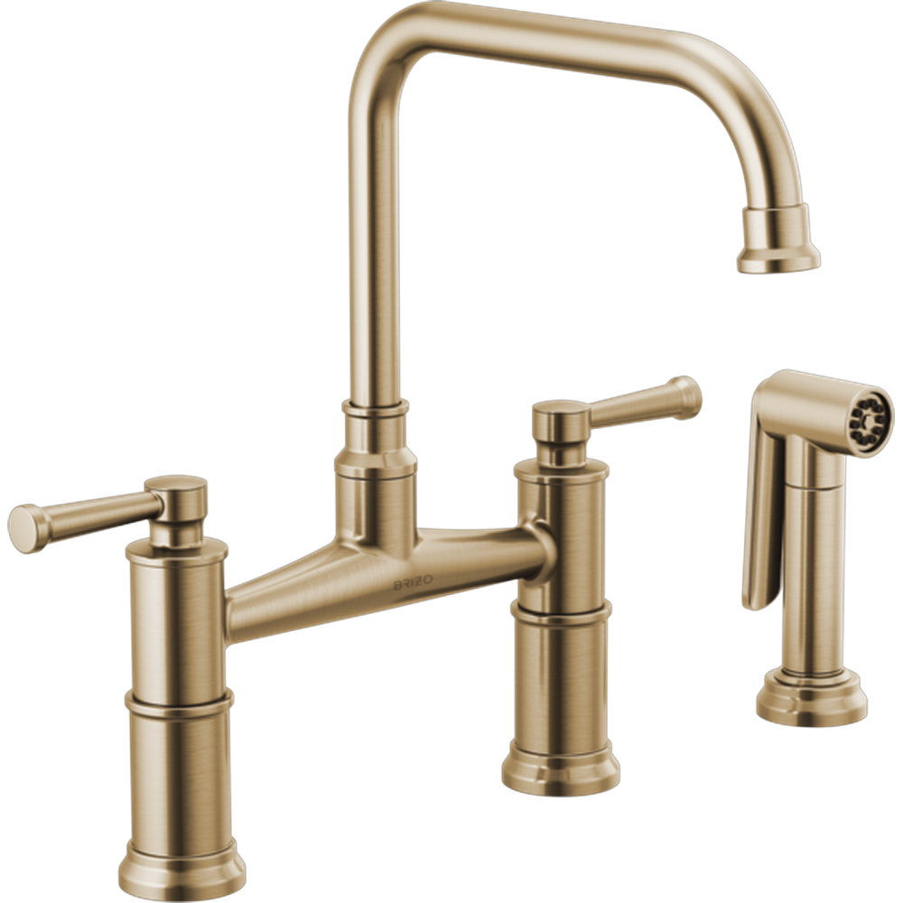 GRIFO DE COCINA BRIZO ARTESSO DORADO CON ROCIADOR LATERAL Y DOS MANDOS