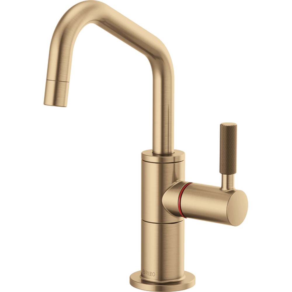 GRIFO DE AGUA CALIENTE INSTANTÁNEA BRIZO LITZE CON BOQUILLA ANGULAR Y MANGO MOLETEADO DORADO