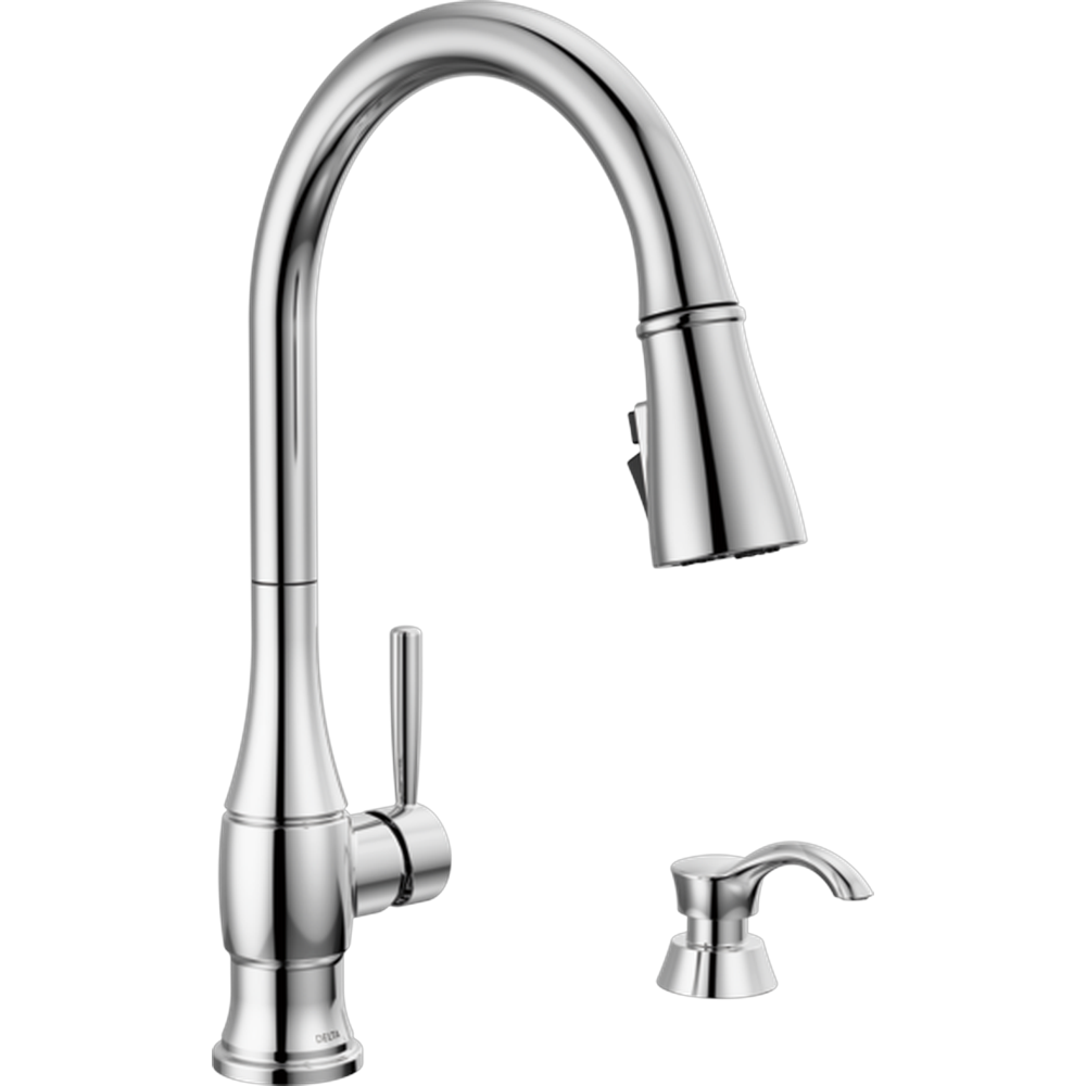 GRIFO DE COCINA MONOMANDO DELTA HAZELWOOD CON ROCIADOR EXTRAÍBLE Y DISPENSADOR